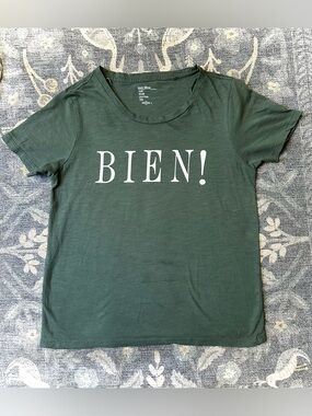 Easy Wear “BIEN!” Green Slub Cotton Graphic Tee Shirt Sz S